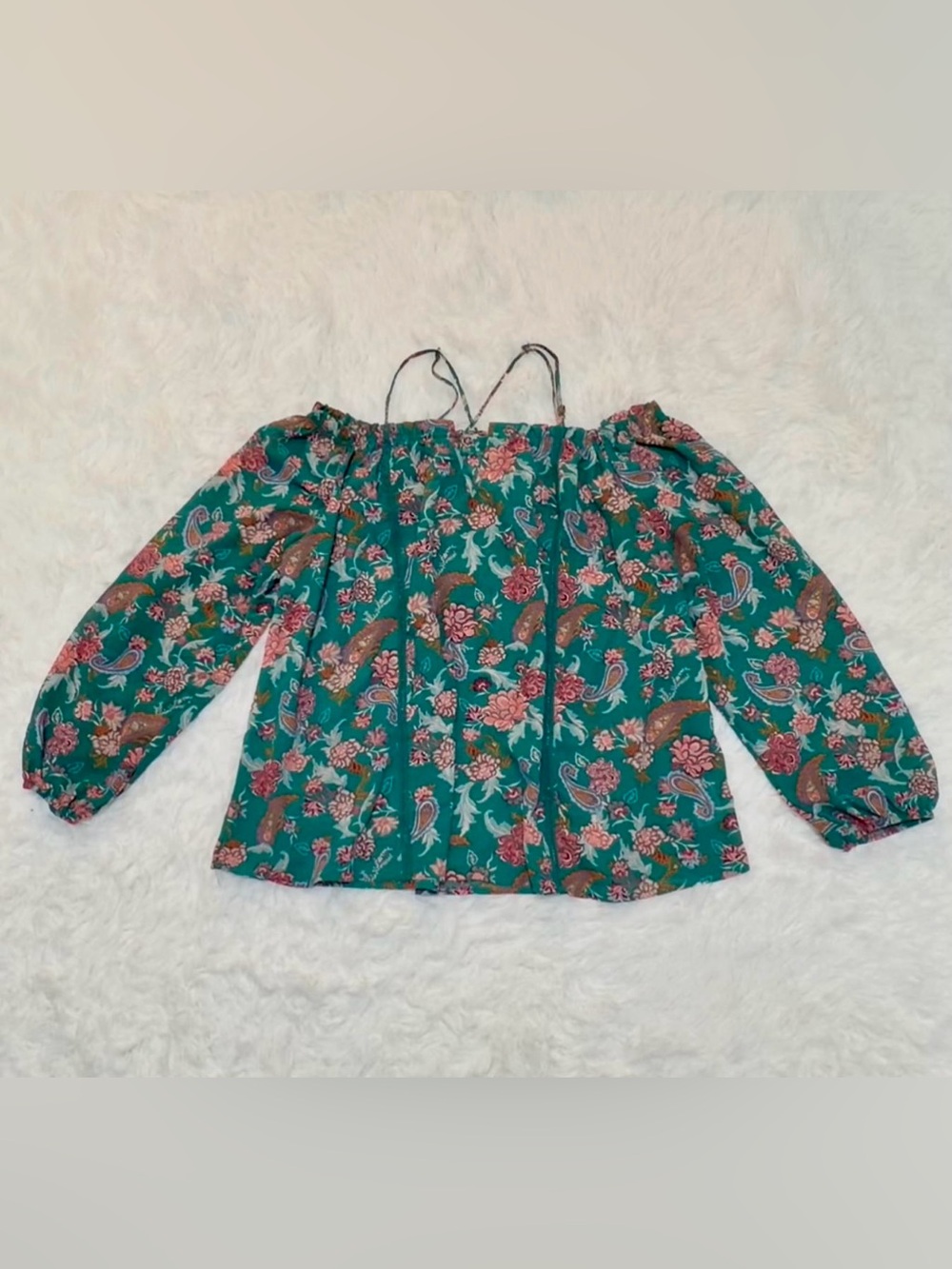Teal Floral Crisscross Peasant Top off shoulder Women’s XL new without tag - Picture 2 of 3